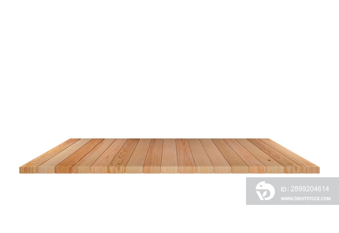 Empty top wooden table showcase displays isolated on white background. Empty ready for your product display or montage. illustration 3D rendering