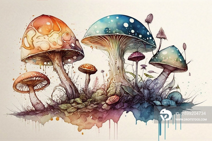 Fantasy mushrooms drawing with bit of watercolour.