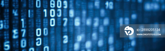 Blue digital binary data code on screen. Abstract tech binary code background in color blue, digital binary data and secure data concept. Close-up shallow DOF. Digital binary code matrix background