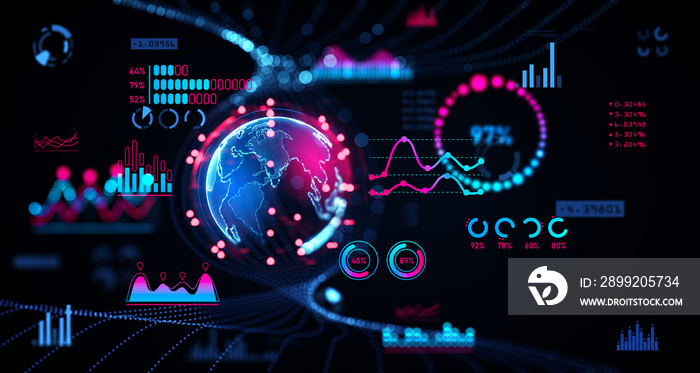 Forex graph chart and big business data dashboard, earth globe and statistics