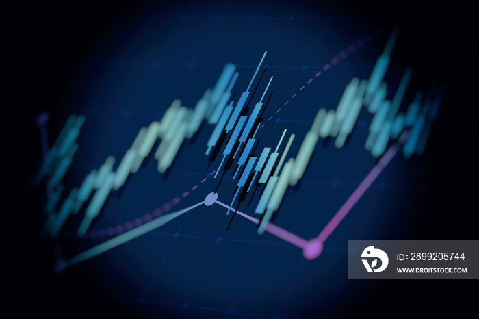 Financial graph with up trend line candlestick chart in stock market on blue color background