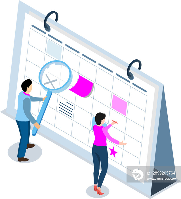 3D isometric Business activities concept with office workers writing plans on a calendar. PNG illustration