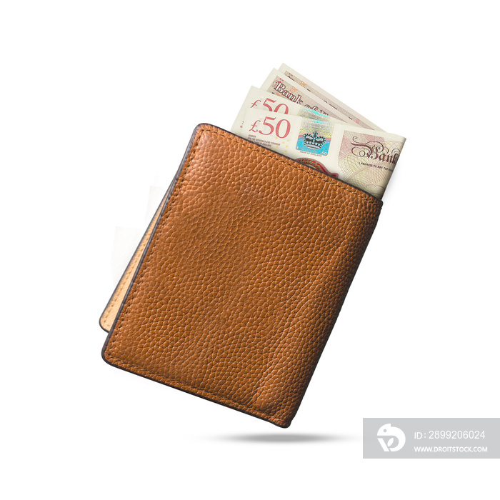 3D rendering of British pound notes popping out of a brown leather men’s wallet. British pounds in wallet