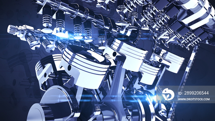 Shiny V8 Engine With Motion Graphics Background. Pistons And Other Mechanical Parts - 3D Illustration Render