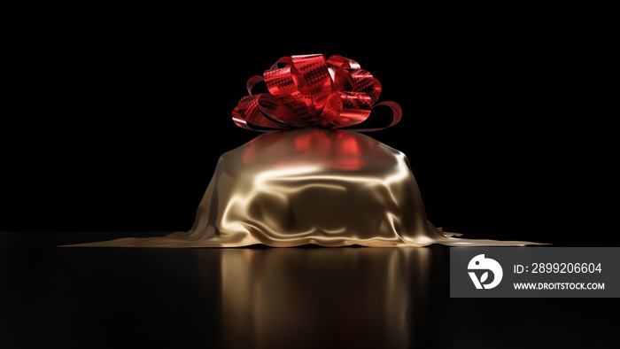 Front view of luxury car prize, gold silk cloth car cover isolated on black background. 3d render.