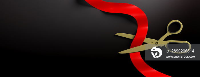Scissors cutting red silk ribbon against black background, banner. 3d illustration