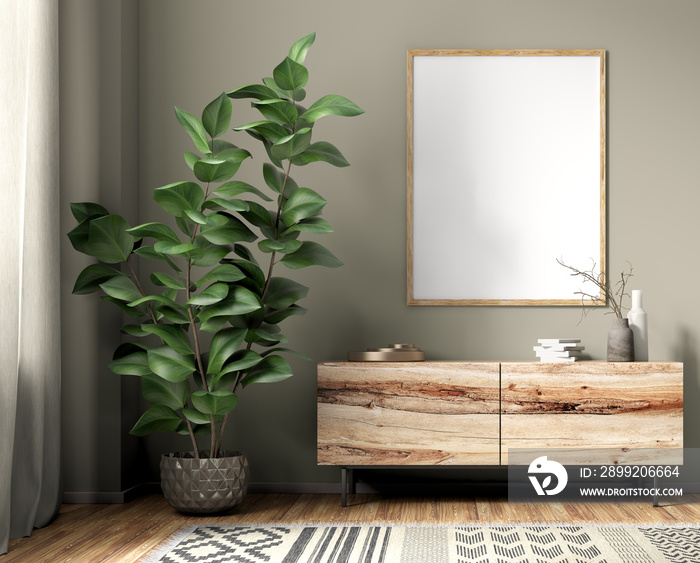 Interior with wooden sideboard and poster 3d rendering