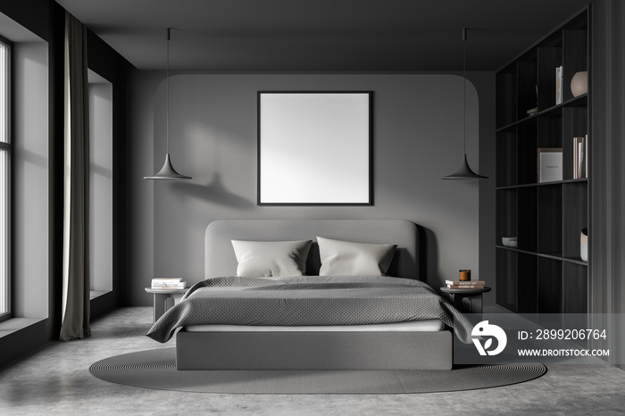 Grey bedroom interior with bed and linens and art decoration, mockup poster