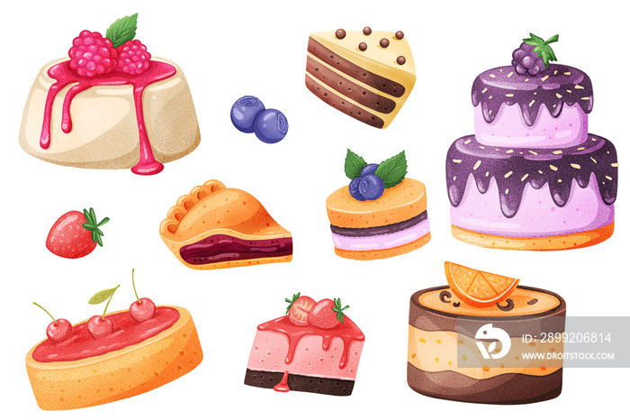 Cakes stickers set. Bundle of objects sweets and confectionery. Cakes and pies with raspberries, strawberries, blueberries, orange, cherries. 3d illustration with isolated elements in realistic design