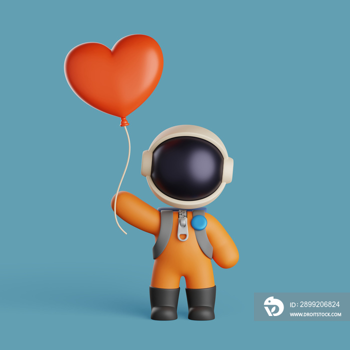 Astronaut character holding a red love balloon. 3d render illustration