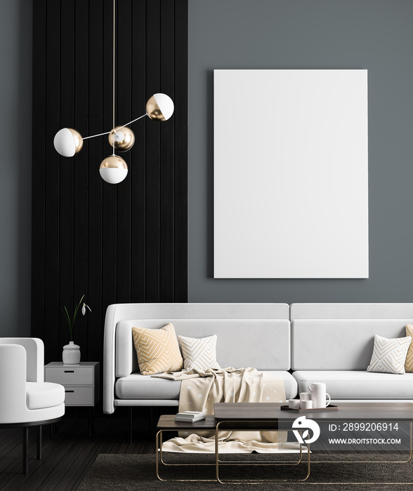 Mock up poster frame in Scandinavian style hipster interior. Minimalist modern interior design. 3D illustration.