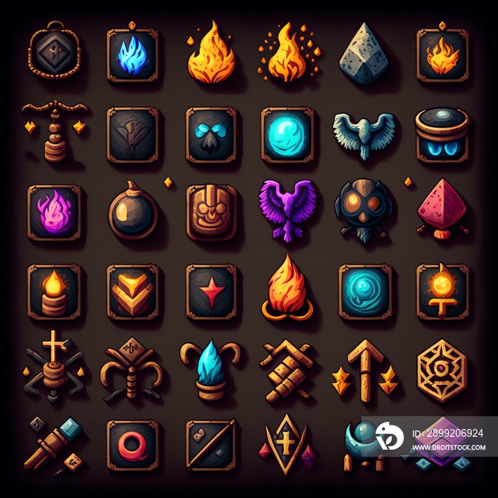 icons set, Vector illustration shows a collection of colorful user interface materials for mobile apps or video games, including humorous creatures, magic, candies, and weapons.