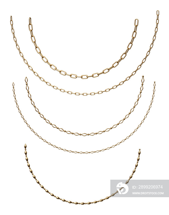 Set of realistic bended golden chains. 3d illustration.