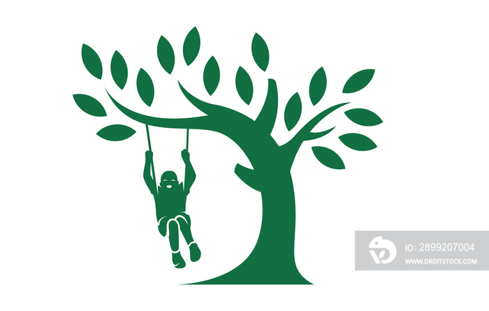 Daycare Children Wood Logo Design Template. Child playing swing under the tree.