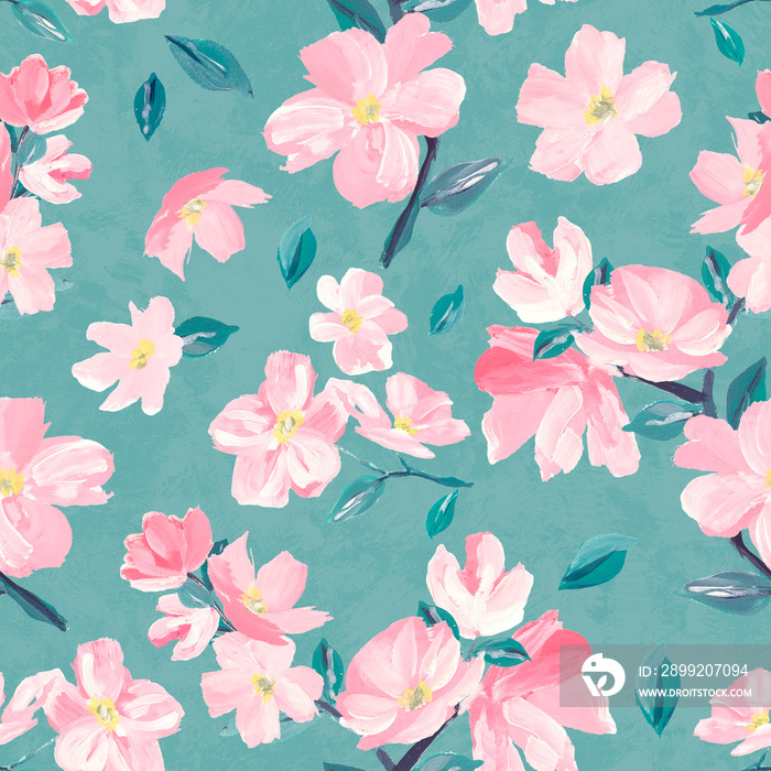 Seamless background pattern of pink Sakura blossom or Japanese flowering cherry symbolic of Spring suitable for textile, wrapping,  fabric.