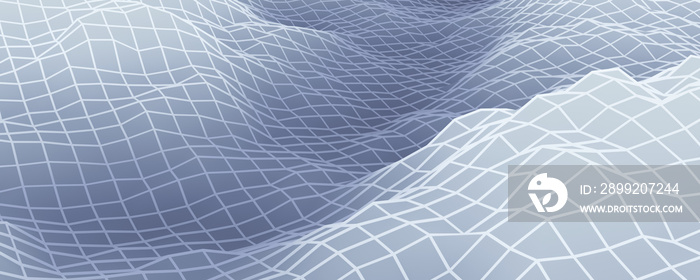 3D rendered gray topographic mountain grid.