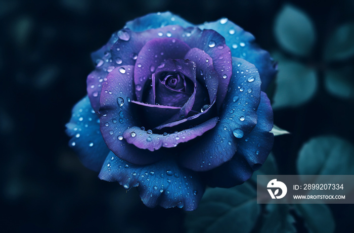 Beautiful blue rose with drops of dew on a dark