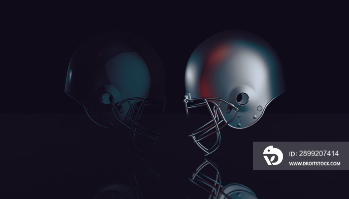 American football helmets and trophy ball on black dark background, 3d rendering