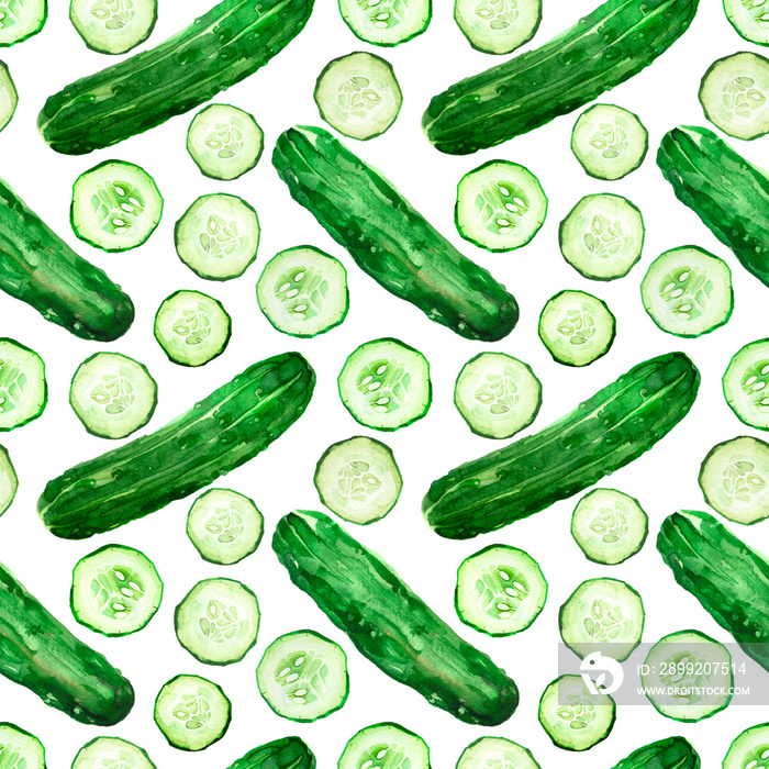 Watercolor illustration of green cucumber vegetable pattern with slices