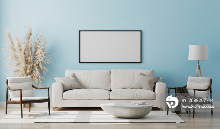 Blank picture frame mock up in light blue room interior , 3d rendering