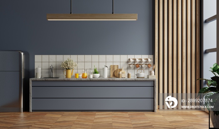 Modern style kitchen interior design with dark blue wall.