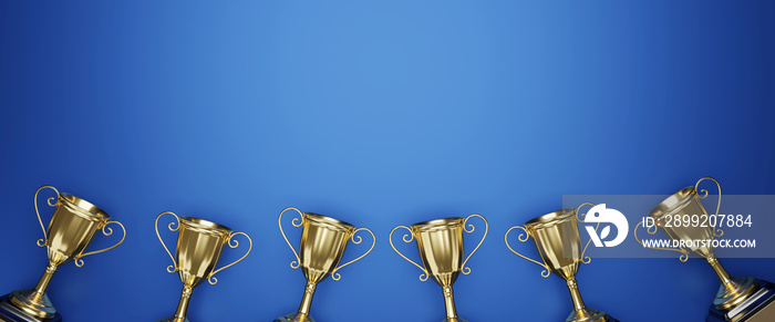 Golden trophy award on blue background. Gold winners trophy with copy space for text. 3d rendering.