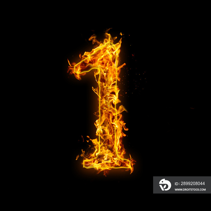 Number 1. Fire flames on black isolated background, realistick fire effect with sparks. Part of alphabet set