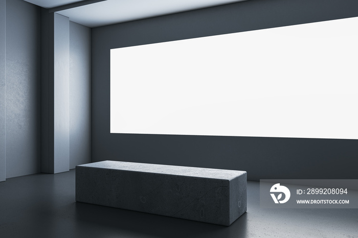 Perspective view on blank white illuminated screen with space for your advertising text or logo in abstract exhibition hall with dark wall background and bench on concrete floor. 3D rendering, mock up