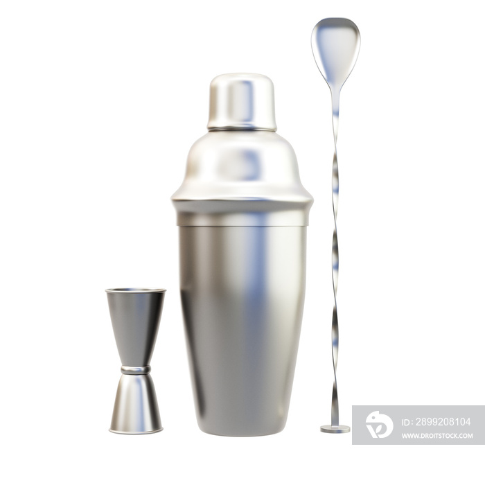 Coctail shaker with jigger and bar spoon isolated on background