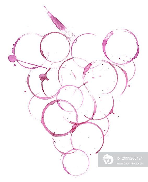 Stains from wine glasses form the shape of a bunch of grapes with a stem. Isolated on a white background. This is a 3-d illustration.