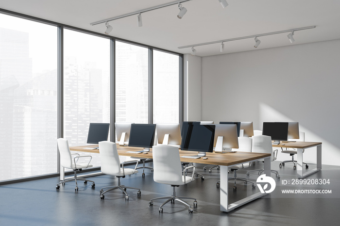 Corner view on bright office room interior with panoramic window