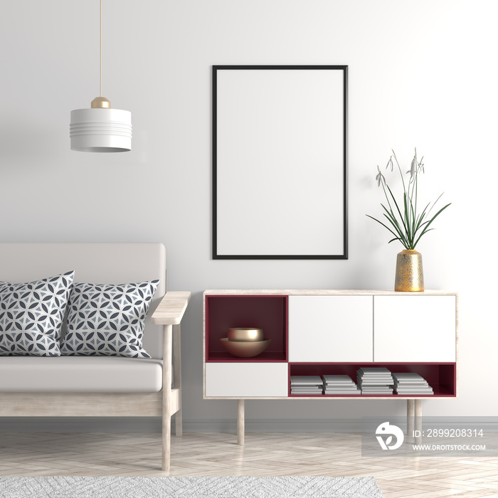 Mock up poster frame in Scandinavian style hipster interior. 3D illustration.