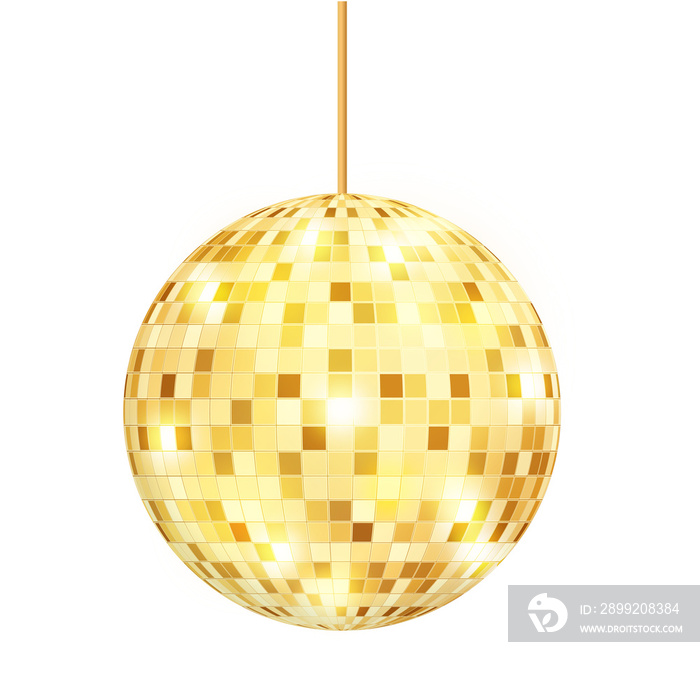 Mirror Gold disco ball on a white transparent background .Vector graphic for luxury, congratulations time, card, party music, website, aniversary, love valentine card)