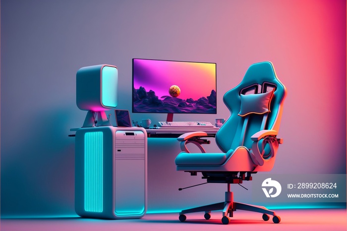 Illustration of futuristic gamer setup, computer and gamer chair, gradient background. AI