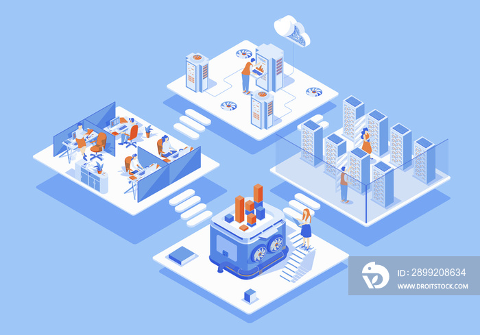 Data center concept 3d isometric web scene with infographic. People work in server maintenance and cloud processing hardware, technical support rooms. Illustration in isometry graphic design