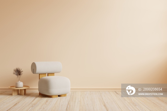 Japandi style interior with gray armchair and boho decor on cream color wall.