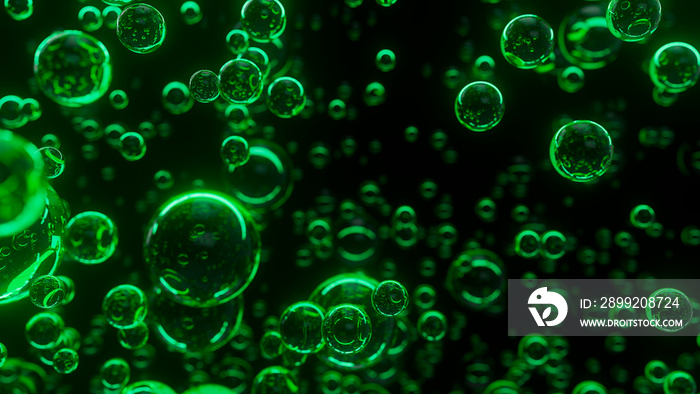 Underwater bubbles. Abstract green bubble background. Distribution of bubbles. Nice 3d spheres with reflection. Macro shot of various air bubbles in water. 3D rendering