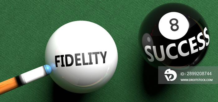 Fidelity brings success - pictured as word Fidelity on a pool ball, to symbolize that Fidelity can initiate success, 3d illustration