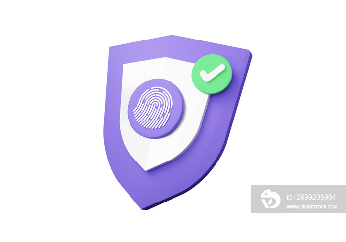 Fingerprint protection shield icon and check mark security, Finance saving online payment protection system cyber thumbprint privacy secure on isolated background. 3d render illustration.