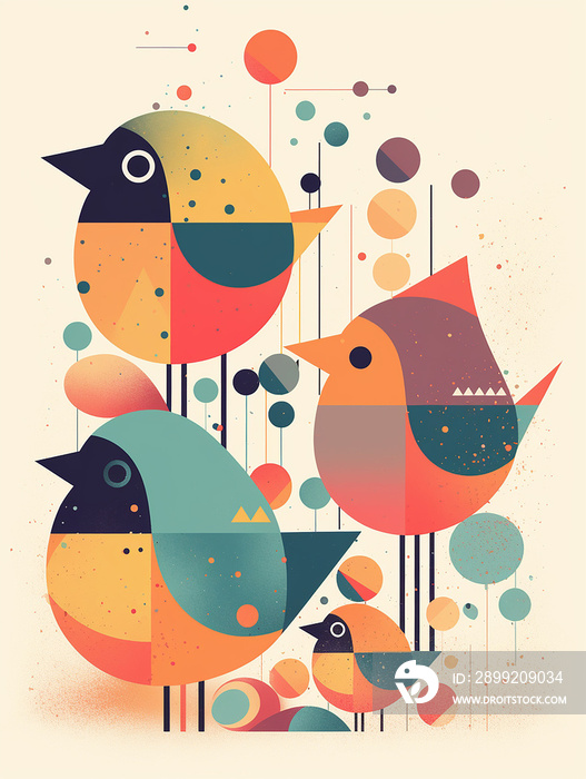 abstract background with birds and geometric elements, vector illustration in retro style