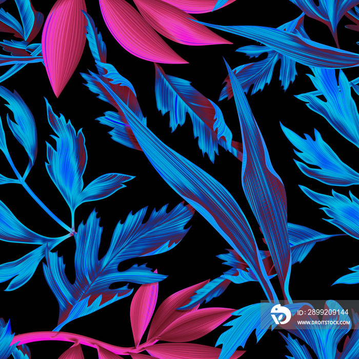 Colourful Seamless Pattern with tropic flowers and leaves. Hi quality fashion design. Fresh and unique botanical background