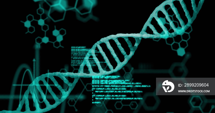 Image of dna strand and data processing on black background