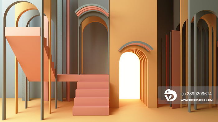 3d render illustration in modern geometric style Arch and stairs in trendy minimal interior Gradient pastel colors background Abstract composition