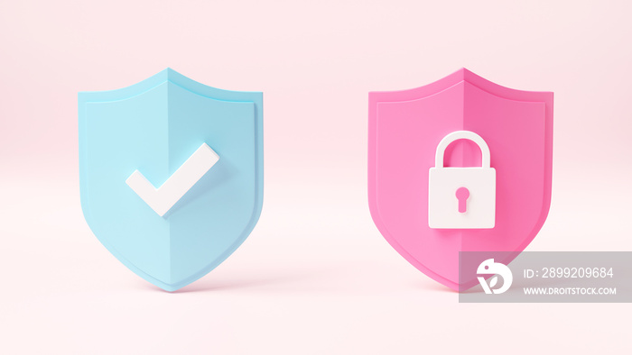 Protection padlock abstract shield security with lock data symbol icon on pink background, Firewall access internet privacy sign, secure network web emblem template, 3D rendering illustration