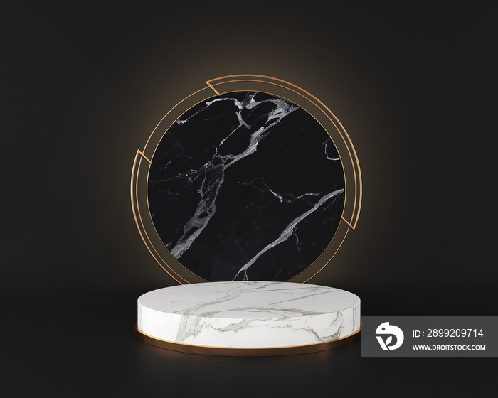 white marble stage podium display on black wall, abstract minimal concept, blank space and luxury mockup, 3d rendering.