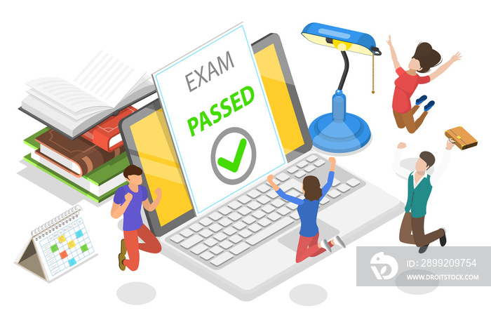 3D Isometric Flat  Conceptual Illustration of Passed Online Exam