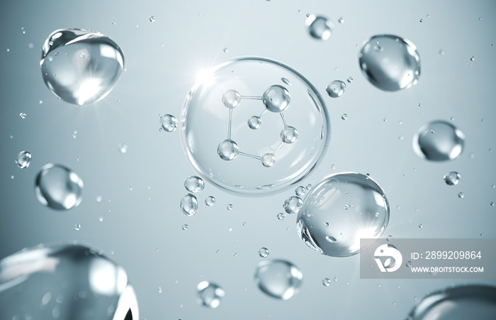 cosmetic moisturizer water molecule, Cosmetic Essence, Liquid bubble, Molecule inside Liquid Bubble on water background, 3d rendering