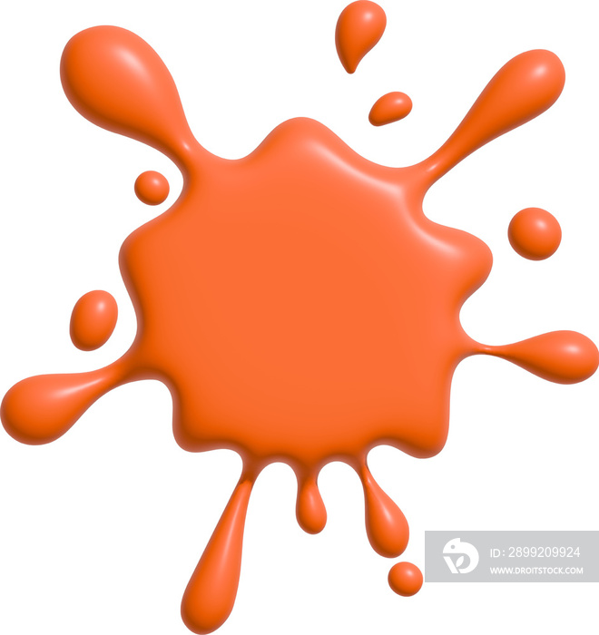 Cartoon drop and splatter. Orange stain of paint and ink with splashes. 3d render