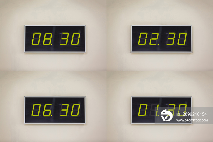 Black digital clock on a white background showing time 8 hours 30 minutes A digital alarm natural reflection