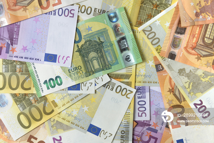 Euro banknotes, flat lay top view. Close-up